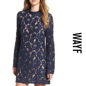 WAYF Navy Blue Lace High Neck Shift Mini Dress Long Sleeve
